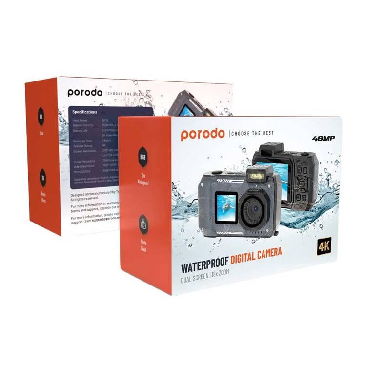 Porodo Waterproof Digital Camera Dual Screen & 18x Zoom , 20 Beauty Filter,  4K, 48MP, IP68 Waterproof (10M), 2500mAh Battery Capacity - Black