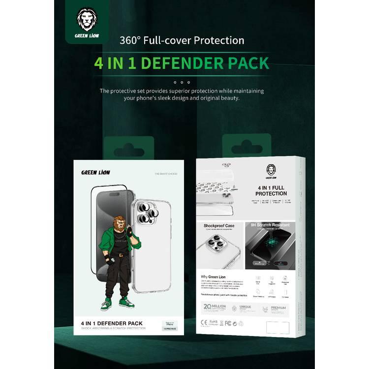 Green Lion 4 In 1 Defender Pack for iPhone 16 Pro Max, Anti-Shock Case, Nano HD Full Protection, Camera Lens Film, 3D Pet HD Glass - Clear 