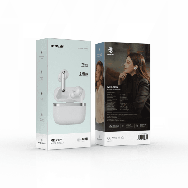 Green Lion Melody Hybrid Earbuds, 40mAh / 400mAh Battery Capacity, IPX5 Water Resistance - White