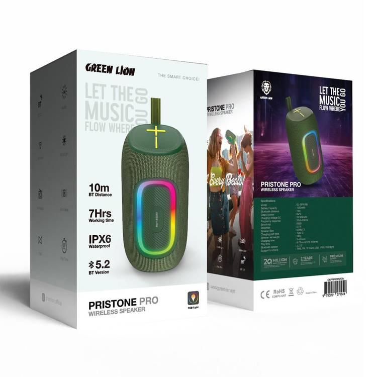 مكبر صوت لاسلكي Green Lion Pristone Pro، صوت جهير إضافي، مقاوم للماء IPX6، وقت تشغيل يصل إلى 7 ساعات، إضاءة RGB - أخضر