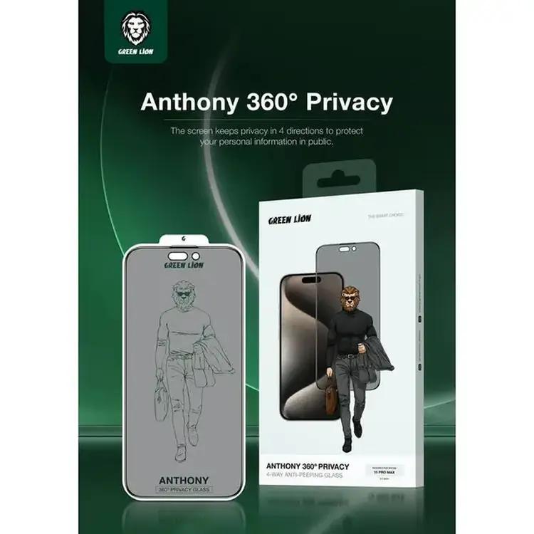 Green Lion ANTHONY 360° Privacy Screen Protector, Grease Resistance, Anti Fingerprint, Anti Peeping, Anti-Scratch, Easy Installation, Smudge-Free, Ultra Thin Screen for iPhone 15 Pro - Black