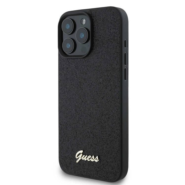 Guess Fixed Glitter Hard Case with Script Metal Logo for iPhone 16 Pro, Slim Profile, Drop Protection, Easy Snap-On, High-Quality Material, Extra Shield Protection - Black