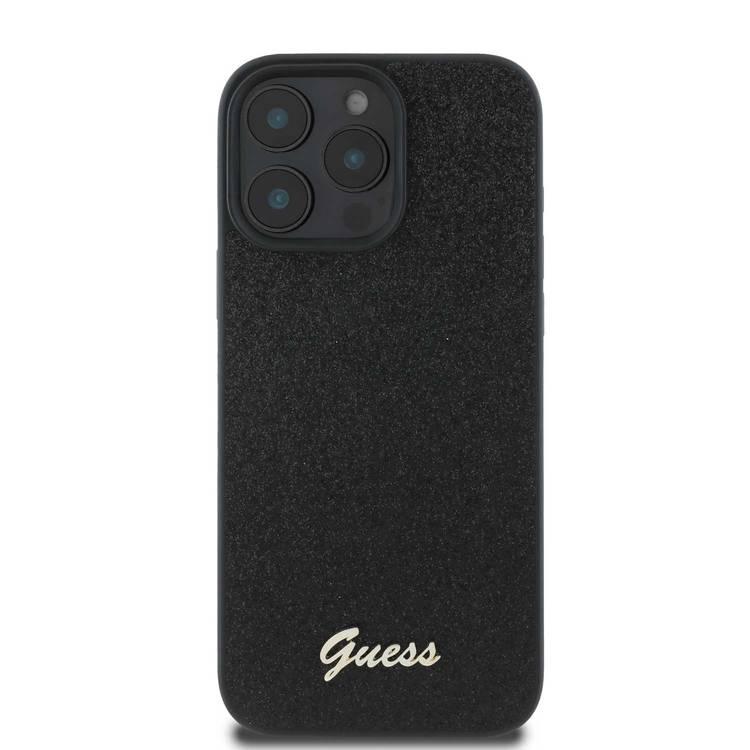 Guess Fixed Glitter Hard Case with Script Metal Logo for iPhone 16 Pro, Slim Profile, Drop Protection, Easy Snap-On, High-Quality Material, Extra Shield Protection - Black