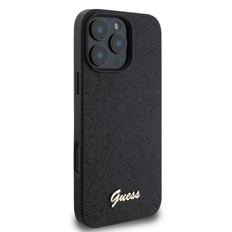 Guess Fixed Glitter Hard Case with Script Metal Logo for iPhone 16 Pro, Slim Profile, Drop Protection, Easy Snap-On, High-Quality Material, Extra Shield Protection - Black