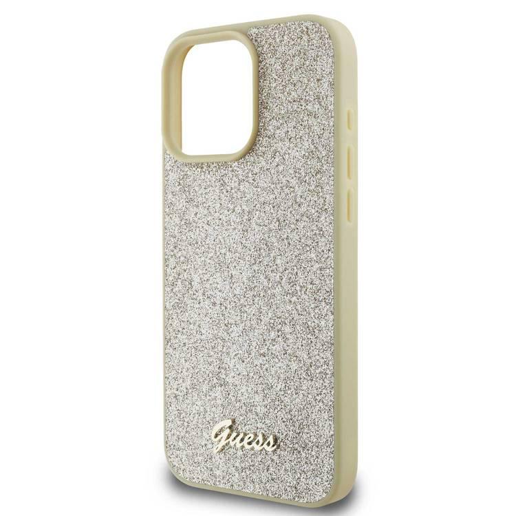 جراب Guess Fixed Glitter Hard Case مع شعار معدني مكتوب عليه Script لهاتف iPhone 16 Pro، تصميم رفيع، حماية من السقوط، سهل التركيب، مادة عالية الجودة، حماية إضافية - ذهبي