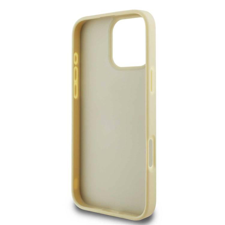 جراب Guess Fixed Glitter Hard Case مع شعار معدني مكتوب عليه Script لهاتف iPhone 16 Pro، تصميم رفيع، حماية من السقوط، سهل التركيب، مادة عالية الجودة، حماية إضافية - ذهبي