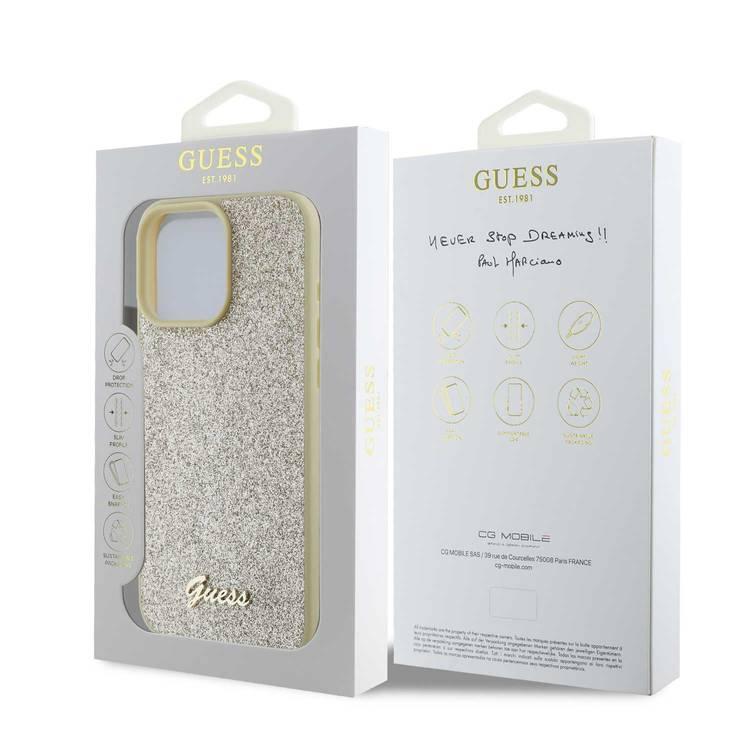 جراب Guess Fixed Glitter Hard Case مع شعار معدني مكتوب عليه Script لهاتف iPhone 16 Pro، تصميم رفيع، حماية من السقوط، سهل التركيب، مادة عالية الجودة، حماية إضافية - ذهبي