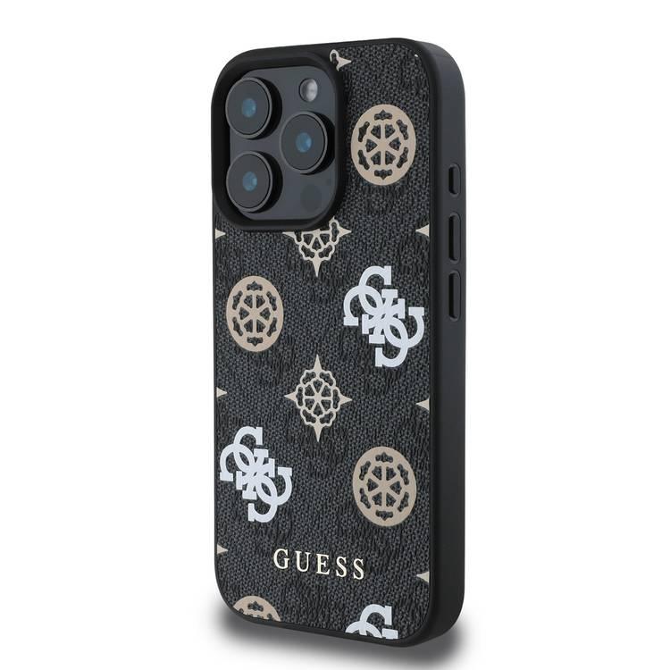 Guess PU 4G Design Hard Case With Peony For iPhone 16 Pro Max , Easy Snap-On, Slip Profile- Black 