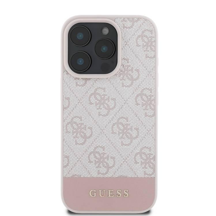 جراب Guess PU 4G الجلدي الصلب مع شريط سفلي لهاتف iPhone 16 Pro، مادة ممتازة، حماية إضافية، فتحات دقيقة، حماية من السقوط، تصميم نحيف، سهل التركيب - وردي 