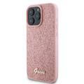 جراب Guess Fixed Glitter Hard Case مع شعار معدني مكتوب عليه Script لهاتف iPhone 16 Pro، تصميم رفيع، حماية من السقوط، سهل التركيب، مادة عالية الجودة، حماية إضافية - وردي