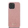 جراب Guess Fixed Glitter Hard Case مع شعار معدني مكتوب عليه Script لهاتف iPhone 16 Pro، تصميم رفيع، حماية من السقوط، سهل التركيب، مادة عالية الجودة، حماية إضافية - وردي