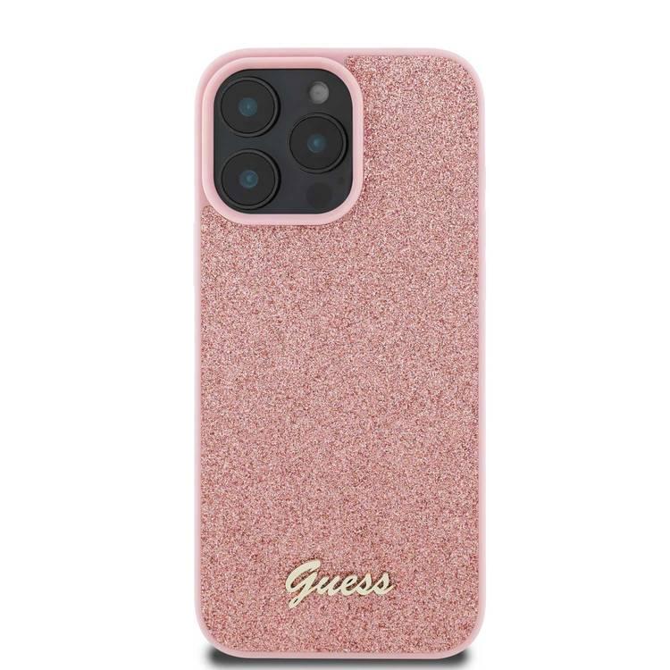 جراب Guess Fixed Glitter Hard Case مع شعار معدني مكتوب عليه Script لهاتف iPhone 16 Pro، تصميم رفيع، حماية من السقوط، سهل التركيب، مادة عالية الجودة، حماية إضافية - وردي