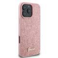 جراب Guess Fixed Glitter Hard Case مع شعار معدني مكتوب عليه Script لهاتف iPhone 16 Pro، تصميم رفيع، حماية من السقوط، سهل التركيب، مادة عالية الجودة، حماية إضافية - وردي