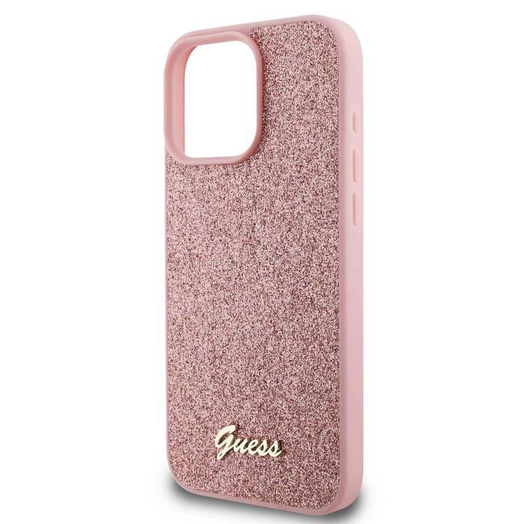 جراب Guess Fixed Glitter Hard Case مع شعار معدني مكتوب عليه Script لهاتف iPhone 16 Pro، تصميم رفيع، حماية من السقوط، سهل التركيب، مادة عالية الجودة، حماية إضافية - وردي