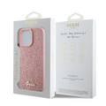 جراب Guess Fixed Glitter Hard Case مع شعار معدني مكتوب عليه Script لهاتف iPhone 16 Pro، تصميم رفيع، حماية من السقوط، سهل التركيب، مادة عالية الجودة، حماية إضافية - وردي