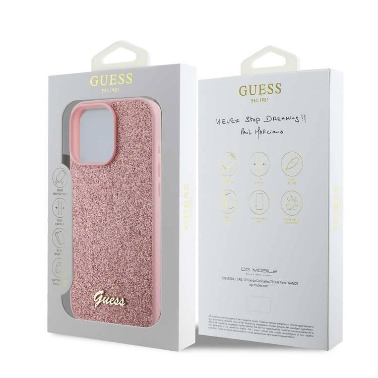 جراب Guess Fixed Glitter Hard Case مع شعار معدني مكتوب عليه Script لهاتف iPhone 16 Pro، تصميم رفيع، حماية من السقوط، سهل التركيب، مادة عالية الجودة، حماية إضافية - وردي