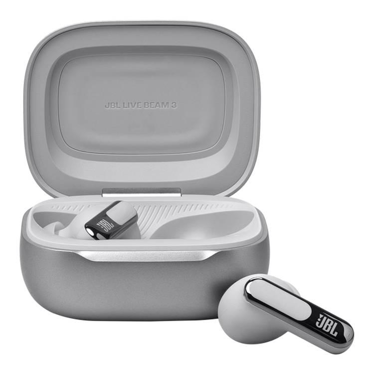 JBL Live Beam 3 True Wireless In-Ear Earbuds with Display & Mic, 48h Working Time, Type-C & Wireless Charging, ENC, ANC, BT 5.3 Earbud, BT 5.2 Charging Case - Silver