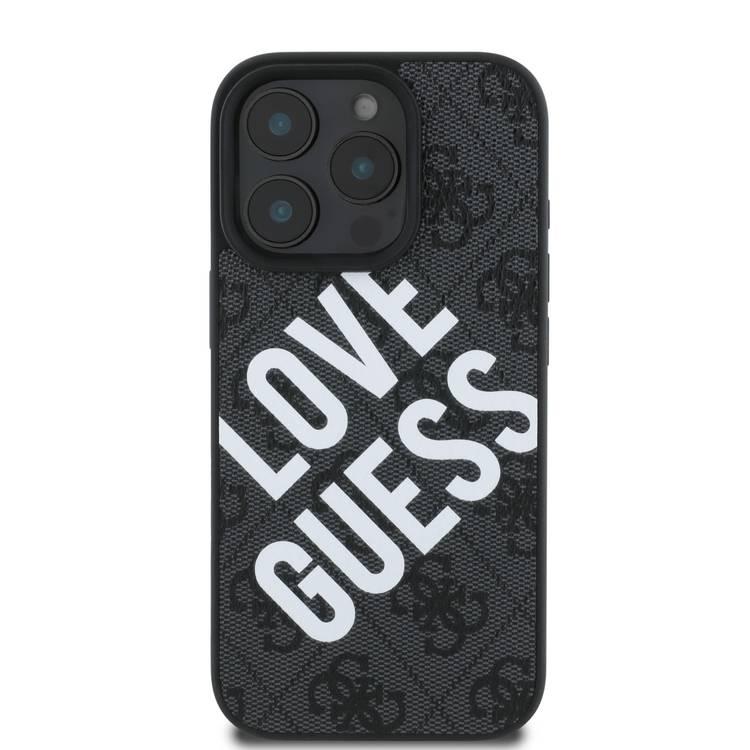 جراب Guess PU 4G الصلب مع شعار Big Love Guess لهاتف iPhone 16 Pro، مصنوع من مادة عالية الجودة، خفيف الوزن، سهل التركيب - أسود