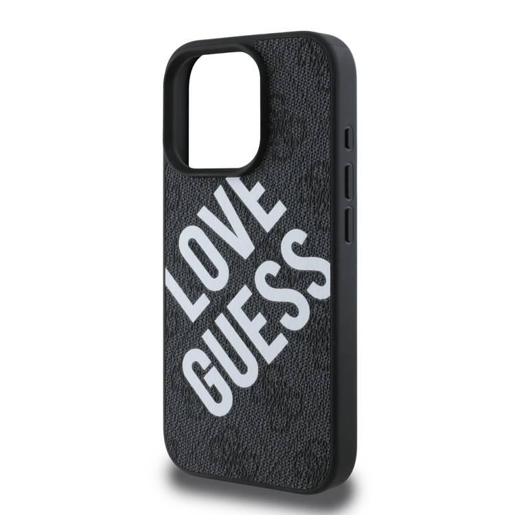 جراب Guess PU 4G الصلب مع شعار Big Love Guess لهاتف iPhone 16 Pro، مصنوع من مادة عالية الجودة، خفيف الوزن، سهل التركيب - أسود