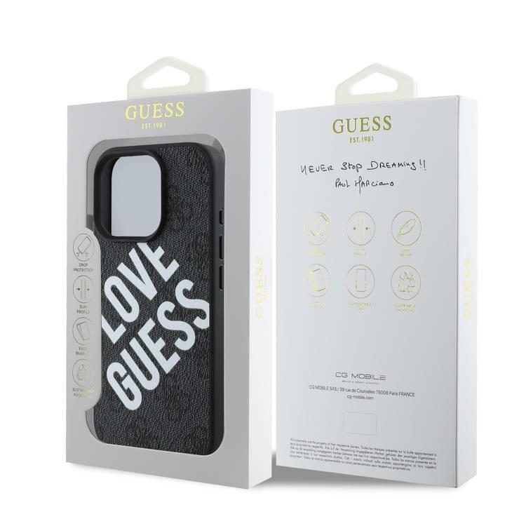 جراب Guess PU 4G الصلب مع شعار Big Love Guess لهاتف iPhone 16 Pro، مصنوع من مادة عالية الجودة، خفيف الوزن، سهل التركيب - أسود