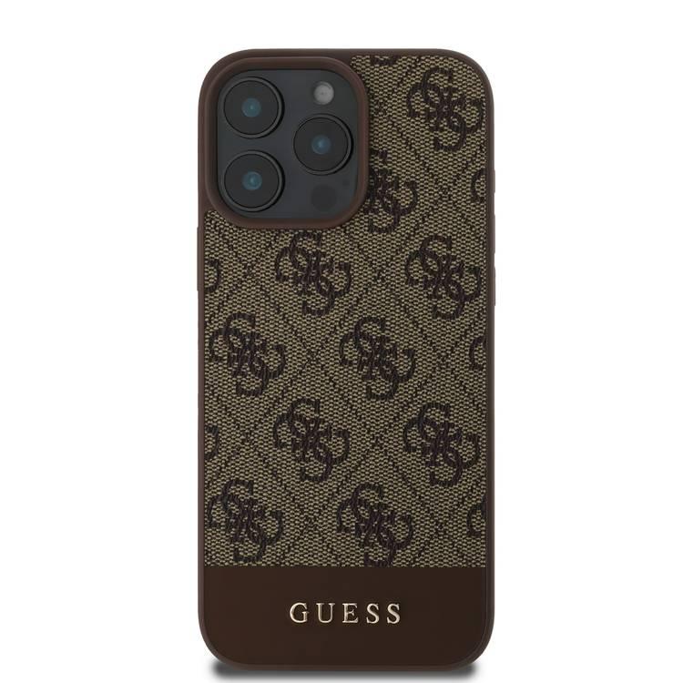 جراب Guess PU 4G الجلدي الصلب مع شريط سفلي لهاتف iPhone 16 Pro، مادة ممتازة، حماية إضافية، فتحات دقيقة، حماية من السقوط، تصميم نحيف، سهل التركيب - بني