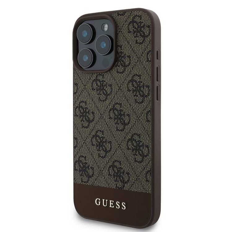 Guess PU 4G Leather Hard Case with Bottom Stripe For iPhone 16 Pro, Premium Material, Extra Shield Protection, Precise Cutouts, Drop Protection, Slim Profile, Easy Snap-On - Brown