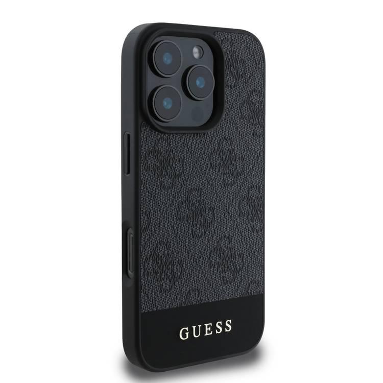 جراب Guess PU 4G الجلدي الصلب مع شريط سفلي لهاتف iPhone 16 Pro، مادة ممتازة، حماية إضافية، فتحات دقيقة، حماية من السقوط، تصميم نحيف، سهل التركيب - رمادي 