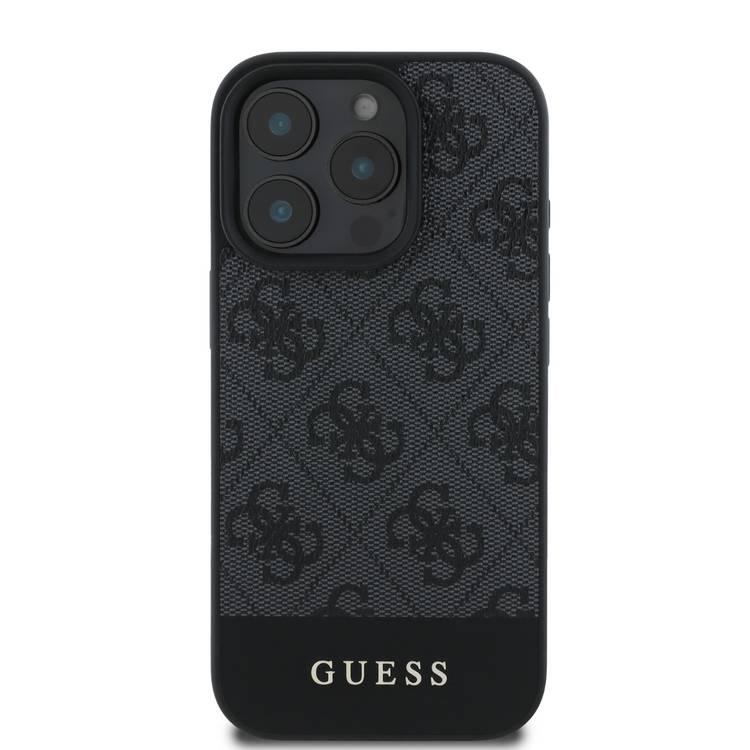 جراب Guess PU 4G الجلدي الصلب مع شريط سفلي لهاتف iPhone 16 Pro، مادة ممتازة، حماية إضافية، فتحات دقيقة، حماية من السقوط، تصميم نحيف، سهل التركيب - رمادي 