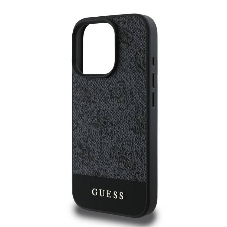 جراب Guess PU 4G الجلدي الصلب مع شريط سفلي لهاتف iPhone 16 Pro، مادة ممتازة، حماية إضافية، فتحات دقيقة، حماية من السقوط، تصميم نحيف، سهل التركيب - رمادي 