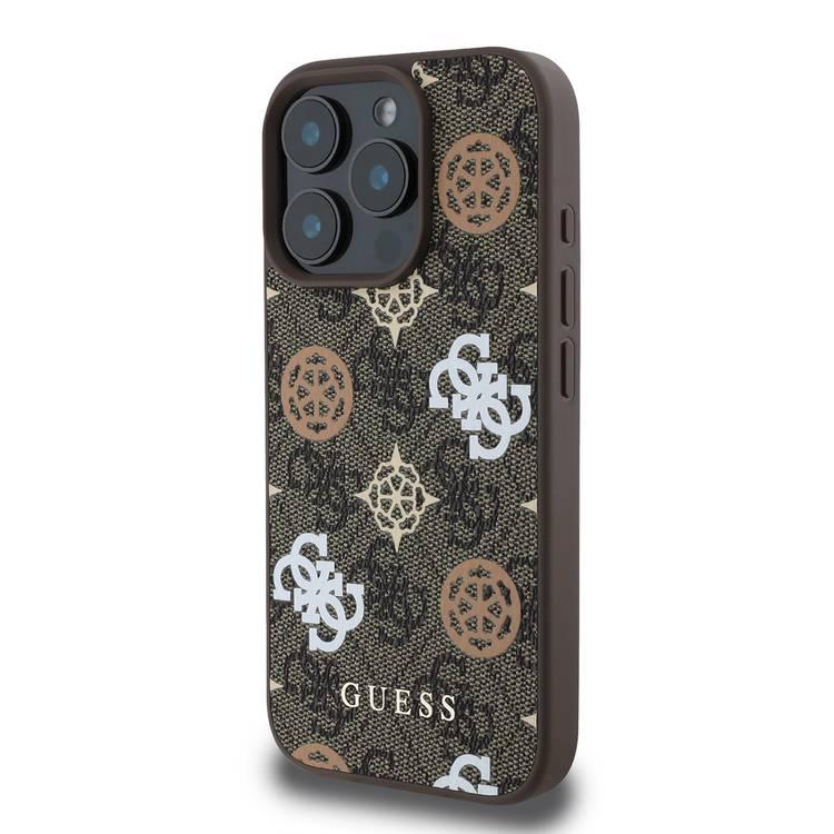 Guess PU 4G Design Hard Case With Peony For iPhone 16 Pro Max , Easy Snap-On, Slip Profile - Brown