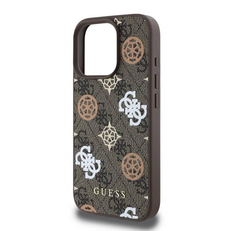 Guess PU 4G Design Hard Case With Peony For iPhone 16 Pro Max , Easy Snap-On, Slip Profile - Brown