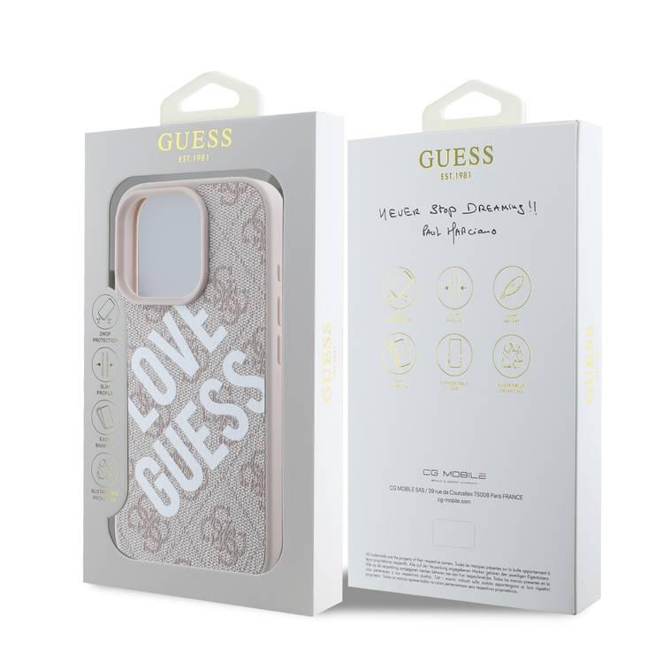 جراب Guess PU 4G الصلب مع شعار Big Love Guess لهاتف iPhone 16 Pro، مصنوع من مادة عالية الجودة، خفيف الوزن، سهل التركيب - وردي