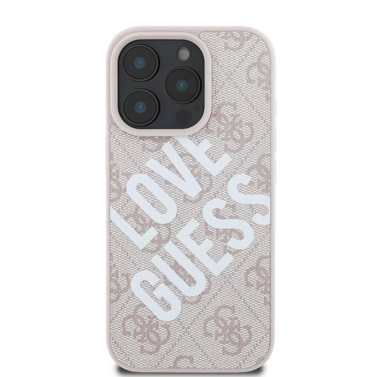 جراب Guess PU 4G الصلب مع شعار Big Love Guess لهاتف iPhone 16 Pro، مصنوع من مادة عالية الجودة، خفيف الوزن، سهل التركيب - وردي