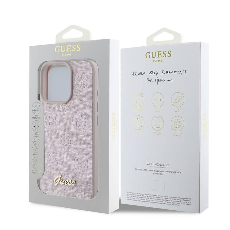 جراب Guess Peony الصلب لهاتف iPhone 16 Pro بتصميم نحيف وخفيف الوزن، ومواد متينة للغاية، وقبضة مريحة، وحماية من السقوط - وردي