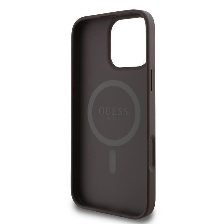 جراب Guess Magsafe PU 4G الصلب مع شعار كلاسيكي لهاتف iPhone 16 Pro، حماية من السقوط، سهل التركيب، تصميم نحيف وخفيف الوزن، متوافق مع MagSafe للشحن اللاسلكي - بني