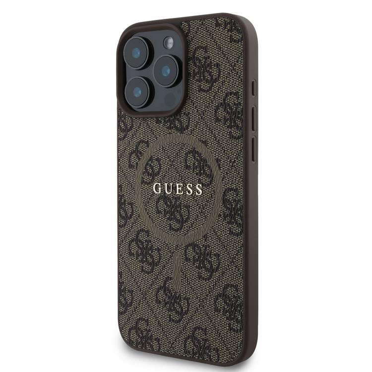 جراب Guess Magsafe PU 4G الصلب مع شعار كلاسيكي لهاتف iPhone 16 Pro، حماية من السقوط، سهل التركيب، تصميم نحيف وخفيف الوزن، متوافق مع MagSafe للشحن اللاسلكي - بني