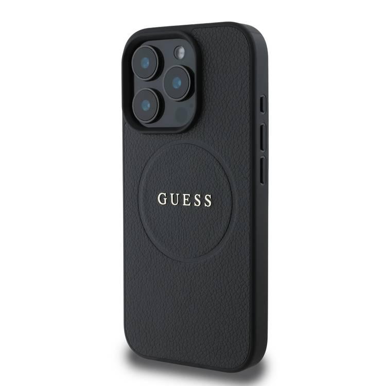 جراب Guess Magsafe PU Grained صلب مع حلقة ذهبية لهاتف iPhone 16 Pro، تصميم نحيف وخفيف الوزن، متوافق مع MagSafe للشحن اللاسلكي، سهل التركيب، حماية من السقوط