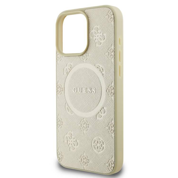   جراب Guess Magsafe Saffiano PU الصلب مع شعار Peony Classic لهاتف iPhone 16 Pro، حماية من السقوط، سهل التركيب، تصميم نحيف وخفيف الوزن، متوافق مع MagSafe للشحن اللاسلكي - ذهبي