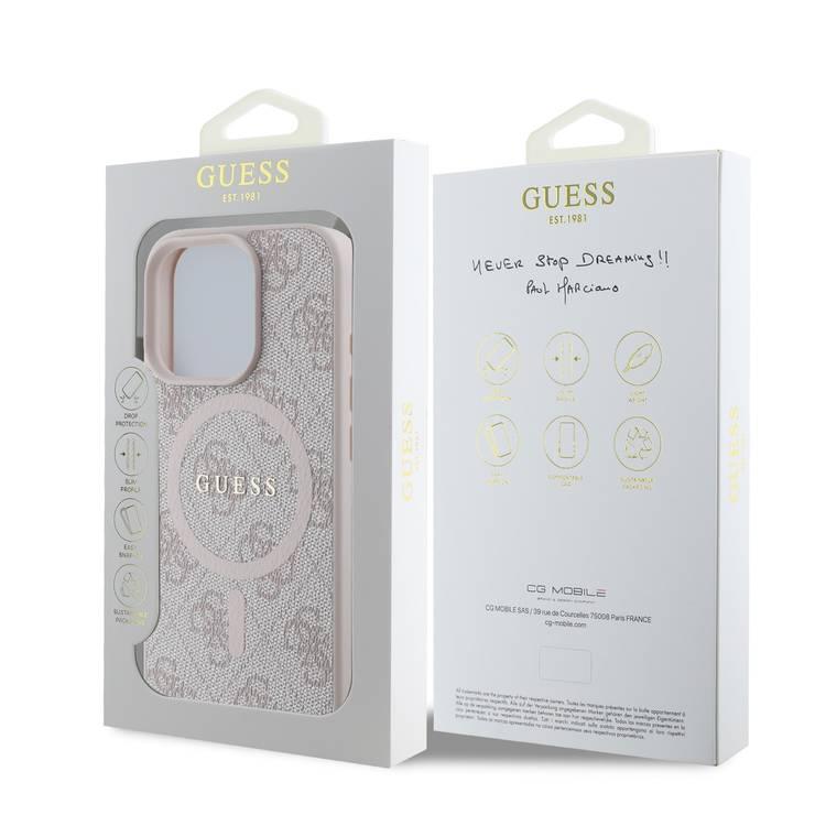 جراب Guess Magsafe PU 4G الصلب مع شعار كلاسيكي لهاتف iPhone 16 Pro Max، حماية من السقوط، سهل التركيب، تصميم نحيف وخفيف الوزن، متوافق مع MagSafe للشحن اللاسلكي - وردي