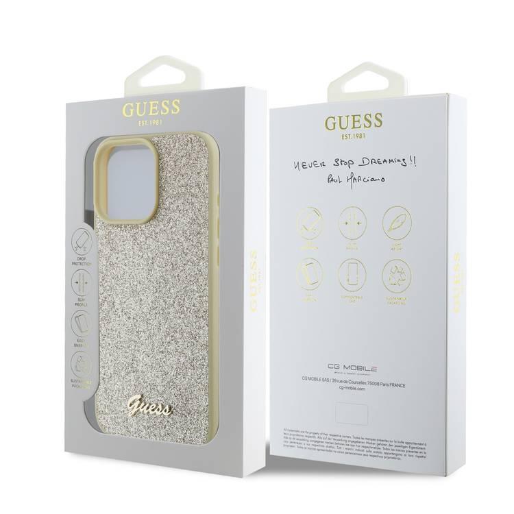 Guess Fixed Glitter Hard Case with Script Metal Logo for iPhone 16 Pro Max, Slim Profile, Drop Protection, Easy Snap-On, High-Quality Material, Extra Shield Protection - Gold