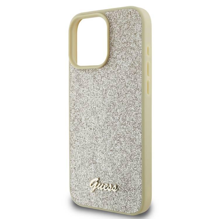 Guess Fixed Glitter Hard Case with Script Metal Logo for iPhone 16 Pro Max, Slim Profile, Drop Protection, Easy Snap-On, High-Quality Material, Extra Shield Protection - Gold