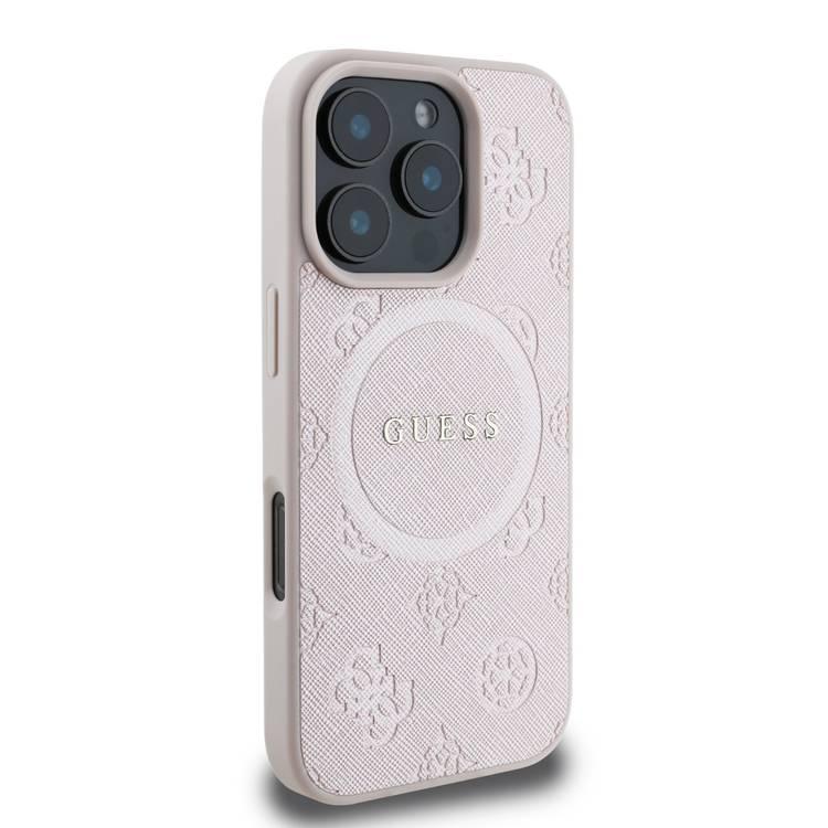 جراب Guess Magsafe Saffiano PU الصلب مع شعار Peony Classic لهاتف iPhone 16 Pro Max، حماية من السقوط، سهل التركيب، تصميم نحيف وخفيف الوزن، متوافق مع MagSafe للشحن اللاسلكي - وردي