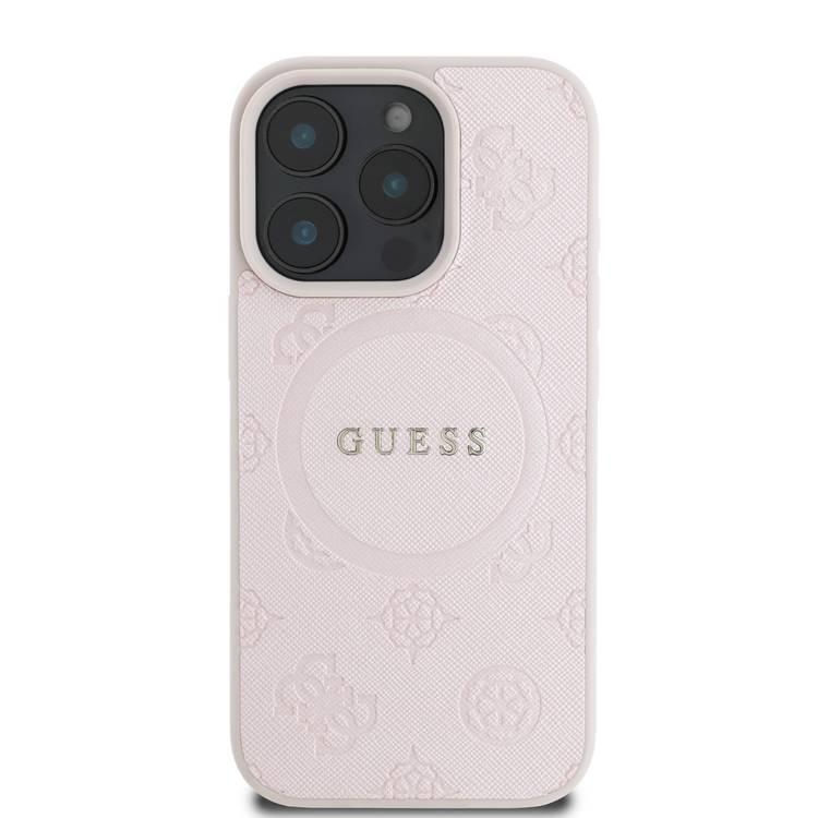 جراب Guess Magsafe Saffiano PU الصلب مع شعار Peony Classic لهاتف iPhone 16 Pro Max، حماية من السقوط، سهل التركيب، تصميم نحيف وخفيف الوزن، متوافق مع MagSafe للشحن اللاسلكي - وردي