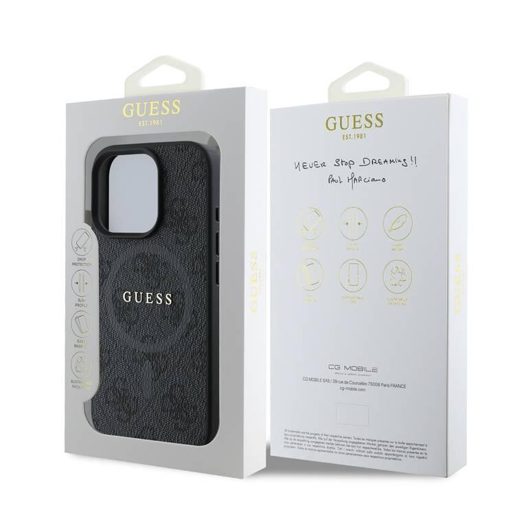 جراب Guess Magsafe PU 4G الصلب مع شعار كلاسيكي لهاتف iPhone 16 Pro Max، حماية من السقوط، سهل التركيب، تصميم نحيف وخفيف الوزن، متوافق مع MagSafe للشحن اللاسلكي - أسود