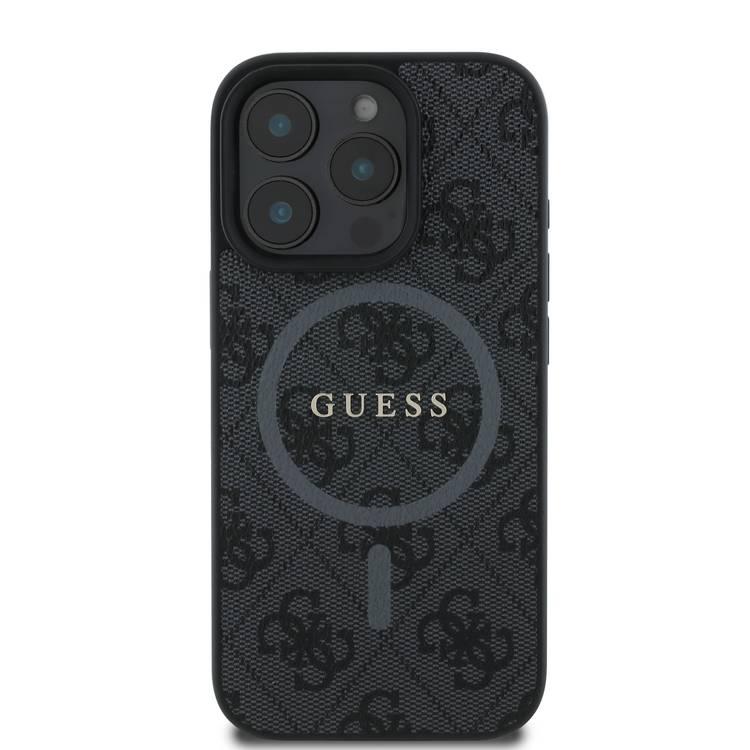 جراب Guess Magsafe PU 4G الصلب مع شعار كلاسيكي لهاتف iPhone 16 Pro Max، حماية من السقوط، سهل التركيب، تصميم نحيف وخفيف الوزن، متوافق مع MagSafe للشحن اللاسلكي - أسود