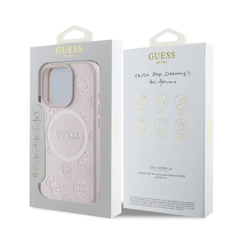 جراب Guess Magsafe Saffiano PU الصلب مع شعار Peony Classic لهاتف iPhone 16 Pro، حماية من السقوط، سهل التركيب، تصميم نحيف وخفيف الوزن، متوافق مع MagSafe للشحن اللاسلكي - وردي