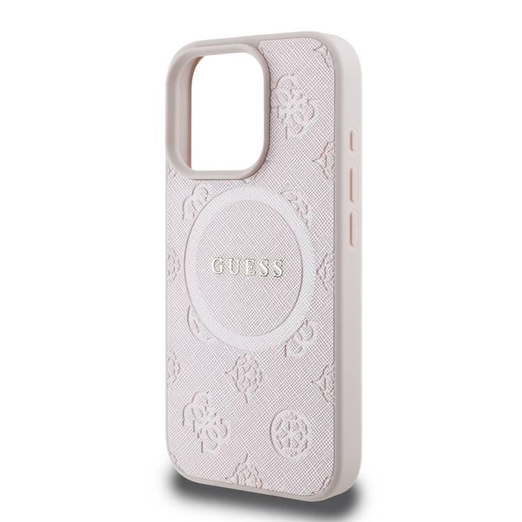 جراب Guess Magsafe Saffiano PU الصلب مع شعار Peony Classic لهاتف iPhone 16 Pro، حماية من السقوط، سهل التركيب، تصميم نحيف وخفيف الوزن، متوافق مع MagSafe للشحن اللاسلكي - وردي