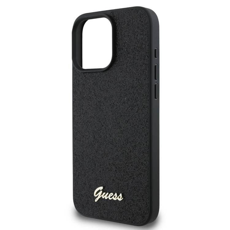 Guess Fixed Glitter Hard Case with Script Metal Logo for iPhone 16 Pro Max, Slim Profile, Drop Protection, Easy Snap-On, High-Quality Material, Extra Shield Protection - Black