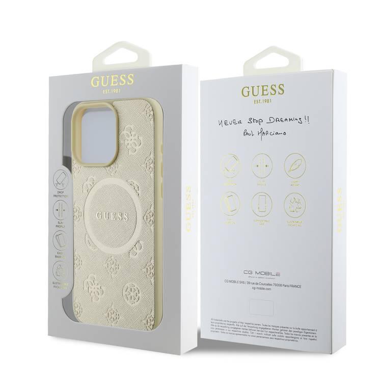 جراب Guess Magsafe Saffiano PU الصلب مع شعار Peony Classic لهاتف iPhone 16 Pro Max، حماية من السقوط، سهل التركيب، تصميم نحيف وخفيف الوزن، متوافق مع MagSafe للشحن اللاسلكي - ذهبي