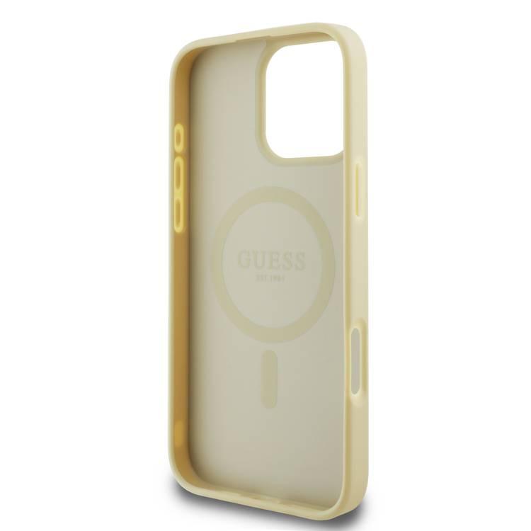 جراب Guess Magsafe Saffiano PU الصلب مع شعار Peony Classic لهاتف iPhone 16 Pro Max، حماية من السقوط، سهل التركيب، تصميم نحيف وخفيف الوزن، متوافق مع MagSafe للشحن اللاسلكي - ذهبي